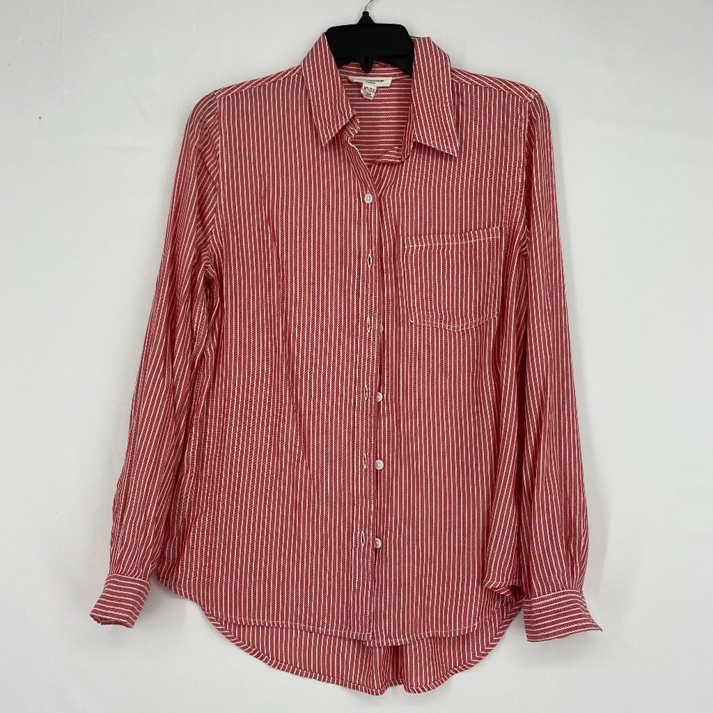 Beach Lunch Lounge Womens XS Long Sleeve Button Front Shirt Red White Stripes